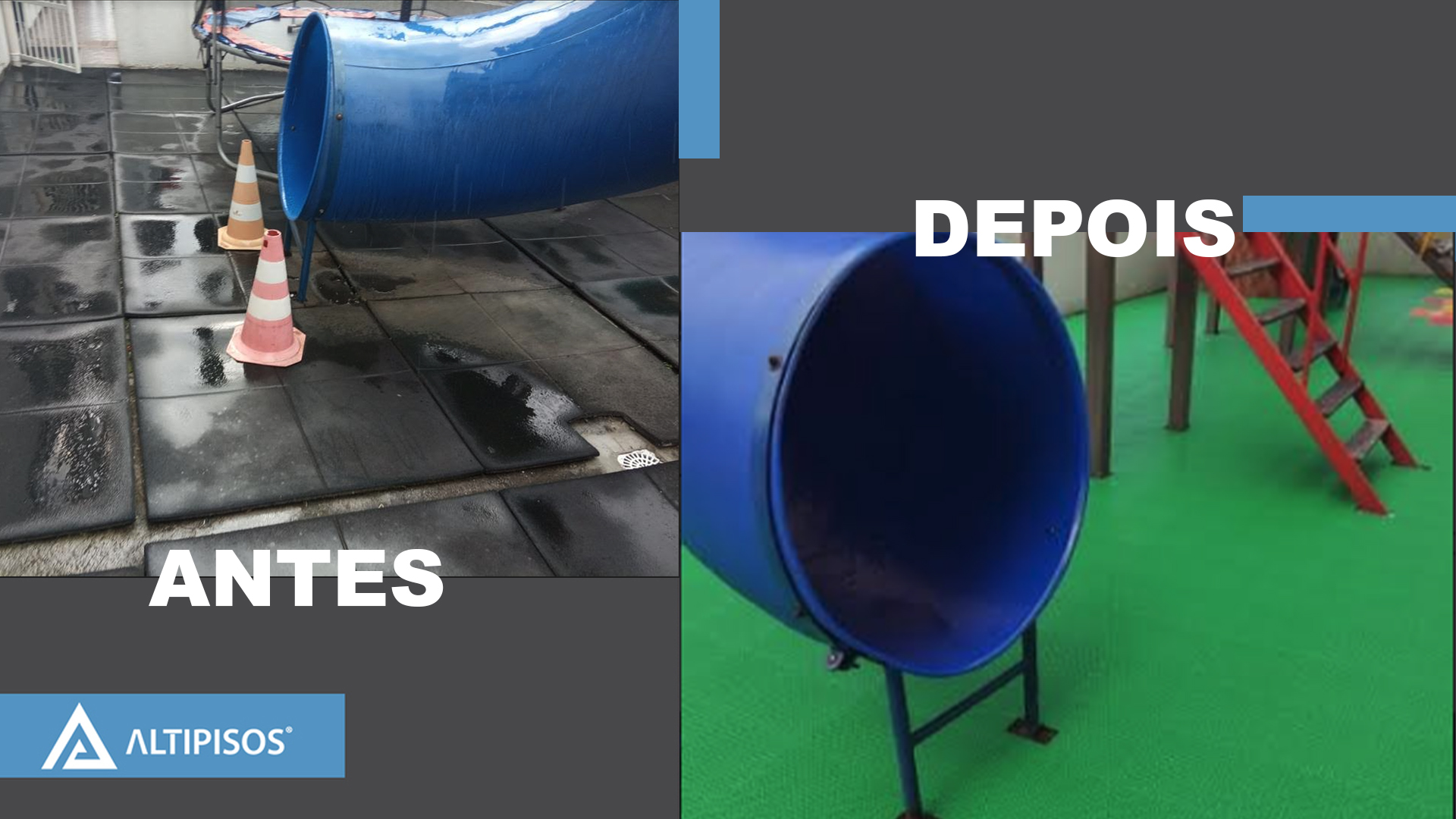 antes y después del suelo de caucho para parques infantiles